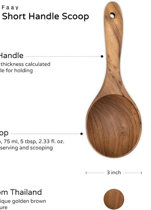 FAAY Short Handle Ladle, Eco Friendly Wooden Kitchen Tool, Hand Carved Unique Grain Server Gravy Ladle