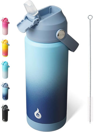 BJPKPK Insulated Water Bottle with Straw Lid, 18oz Thermo Water Bottles with Soft Nozzle, Flex Handle & Non-slip Boot, BPA Free Leak Proof Stainless Steel Metal Thermo, Tumblers, Cups,Sky