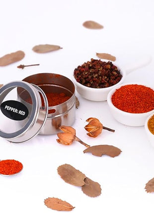16 Magnetic Spice Tins, 200 Spice Labels, 4 Stainless Steel Measuring Spoons Magnetic Spice Containers Organizer Storage Condiment Jar Set of 16, Clear Lid, Sift and Pour