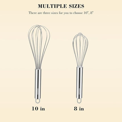 NileHome Whisk, Stainless Steel Wisk Set 8" 10" Kitchen Whisk Wisking Tool Kitchen Wisk Wire Whisks for Cooking, Whisking, Blending, Beating, Stirring-…
