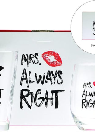 Funny Mr. Right and Mrs. Always Right Novelty Wine Glass and Beer Glass | Includes Fun, Stylish Gift Box | For Weddings, Engagement, Newlywed, Bachelorette, Anniversary, Couples Gifts
