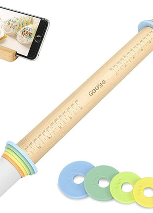 Geesta Adjustable Wood Rolling Pin with 5 Thickness Rings, Precise Dough Roller Handle Press Design with Measurement Guide for Baking Fondant, Pie Crust, Cookie, Pastry - Baking Essential