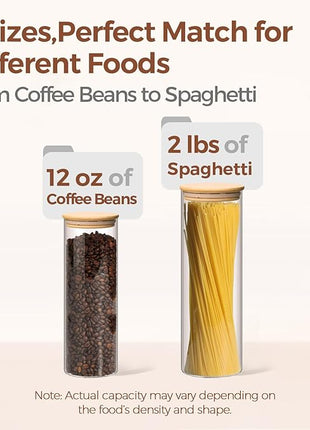 ComSaf Glass Food Storage Jars Set of 6, Tall Glass Storage Containers with Lids, Spaghetti Jar, Canisters Set for the kitchen, Pasta, Flour, Nuts, Oat, Coffee and Sugar Container, Pantry Organization