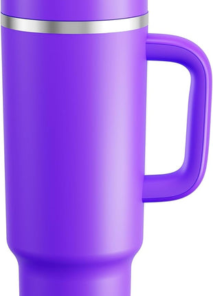 40 oz Tumbler with Handle and Straw: Stainless Steel Insulated Tumbler Keeps Cold for 24 Hours, Leakproof Travel Cup Fits in Cup Holder and BPA-Free,Violet