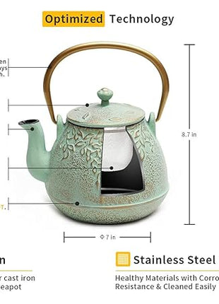 Tea Kettle, TOPTIER Japanese Cast Iron Teapot with Infuser for Loose Leaf and Tea Bags, Stovetop Safe Cast Iron Tea Kettle Coated with Enameled Interior for 40 oz (1200 ml), Light Green
