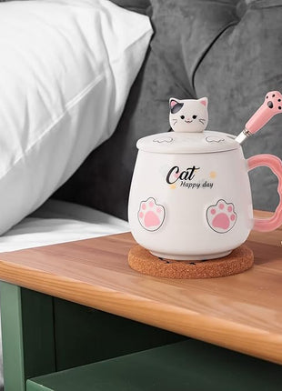 Bgbg Cute Cat Mug, Novelty Ceramic Coffee Tea Milk Cup with Lovely Kitty Lid, Kawaii Claw Spoon, Anime Coaster, Novelty Things Birthday Christmas Gift for Cat Lovers Women Her, 14 oz, White