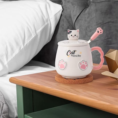 Bgbg Cute Cat Mug, Novelty Ceramic Coffee Tea Milk Cup with Lovely Kitty Lid, Kawaii Claw Spoon, Anime Coaster, Novelty Things Birthday Christmas Gift for Cat Lovers Women Her, 14 oz, White
