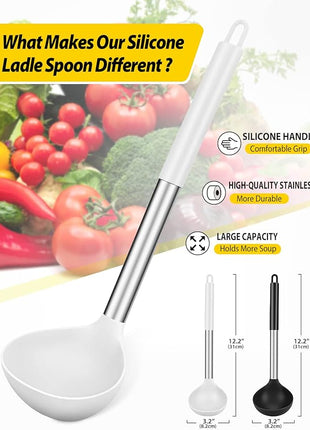 Pack of 2 Ladle Spoon,Silicone Large Spoon for Soup,Non Stick Kitchen Utensils with High Heat Resistant,BPA Free Perfect Kitchen Tools for Cooking, Stirring,Serving Soups (BLACK-WHITE)