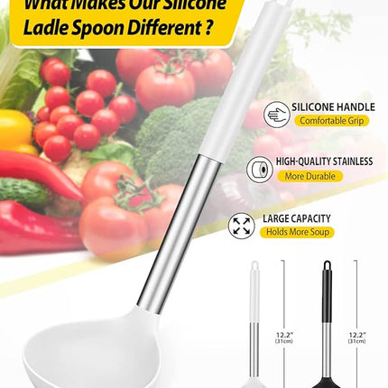 Pack of 2 Ladle Spoon,Silicone Large Spoon for Soup,Non Stick Kitchen Utensils with High Heat Resistant,BPA Free Perfect Kitchen Tools for Cooking, Stirring,Serving Soups (BLACK-WHITE)