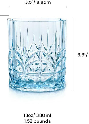 BELLAFORTE Shatterproof Tritan Plastic Short Tumbler, Set of 4, 13oz - Myrtle Beach Unbreakable Crystal Cut Old Fashioned Drinking Glasses for Whiskey - BPA Free - Dishwasher Safe - Blue