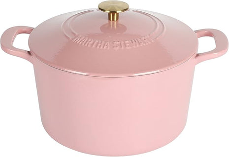 MARTHA STEWART Gatwick 7 QT Enamel Cast Iron Dutch Oven Pot with Lid, Pink