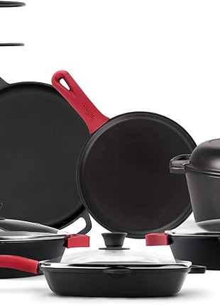 Cuisinel Cast Iron 18-Piece Preseasoned Cookware Set: 10"+12" Skillets w/Lids + 5-Qt Dutch Oven + 10.5" Square Grill Pan w/Lid + Pizza Pan + Round Griddle + 15" Organizer +Scraper + Silicone Handle