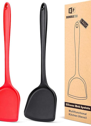Pack of 2 Silicone Wok Spatula, Non-Stick, Heat Resistant, Easy to Clean and Dishwasher Safe, Seamless Kitchen Utensil for Cooking, Baking, Stir-Fry (Black-Red)