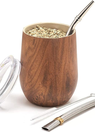 BALIBETOV 5 pcs large Yerba Mate Cup and Bombilla Kit, Includes one 8 oz Yerba Mate Gourd with Lid, Two Bombillas Mate Straw and one cleaning brush (Wood, 8.00)
