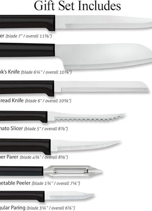 Rada Cutlery 7-Piece Starter Knife Gift Set (G257), Stainless Steel Hollow Ground Blades, Made in USA, Black Handles