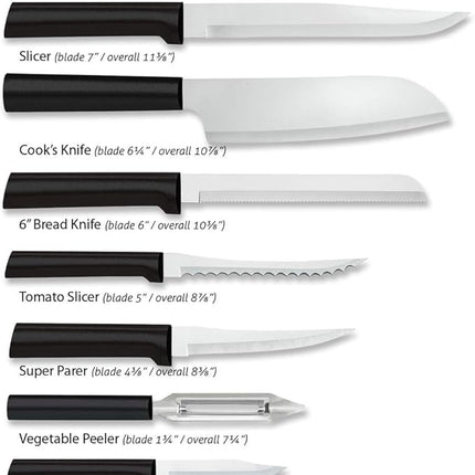 Rada Cutlery 7-Piece Starter Knife Gift Set (G257), Stainless Steel Hollow Ground Blades, Made in USA, Black Handles