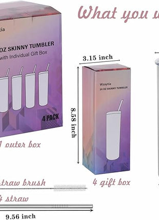 4 Pack 20 Oz Straight Skinny Tumblers,Individually Gift Boxed Stainless Steel Slim Skinny Tumbler Set Bulk, 20 Oz Insulated Slim Thin Travel Tumbler Cup for Diy, Silver