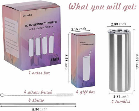 4 Pack 20 Oz Straight Skinny Tumblers,Individually Gift Boxed Stainless Steel Slim Skinny Tumbler Set Bulk, 20 Oz Insulated Slim Thin Travel Tumbler Cup for Diy, Silver
