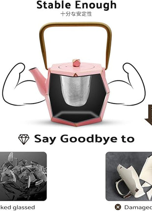 Toptier Cast Iron Teapot, Stovetop Safe Japanese Cast Iron Tea Kettle, Diamond Design Tea Pot with Removable Infuser for Loose Tea, 30 Ounce (900 ml), Pink