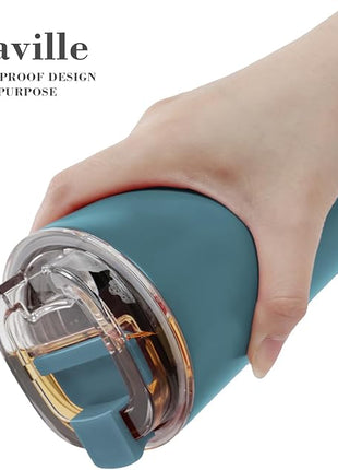 Puraville 2 Pack Insulated Tumblers with Lid, 14 oz Travel Coffee Mug Stainless Steel Vacuum Cup, Leak Proof Double Walled Coffee Tumbler for Iced and Hot Drinks, Peacock Blue and Cream