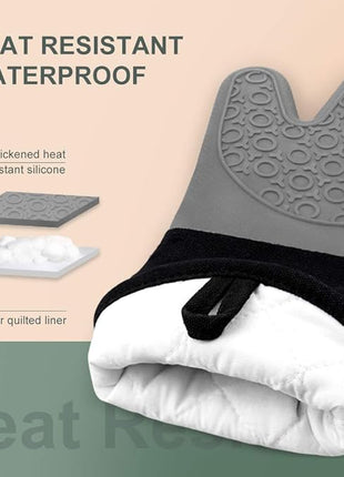 sungwoo Extra Long Silicone Oven Mitts, Heat Resistant Oven Gloves with Quilted Liner Non-Slip Textured Grip Perfect for BBQ, Baking, Cooking and Grilling - 1 Pair 14.6 Inch Grey & Black