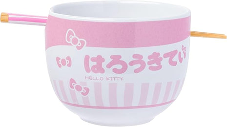 Silver Buffalo Sanrio Hello Kitty Pink Stripes Ceramic Ramen Bowl with Chopsticks, 20 Ounces