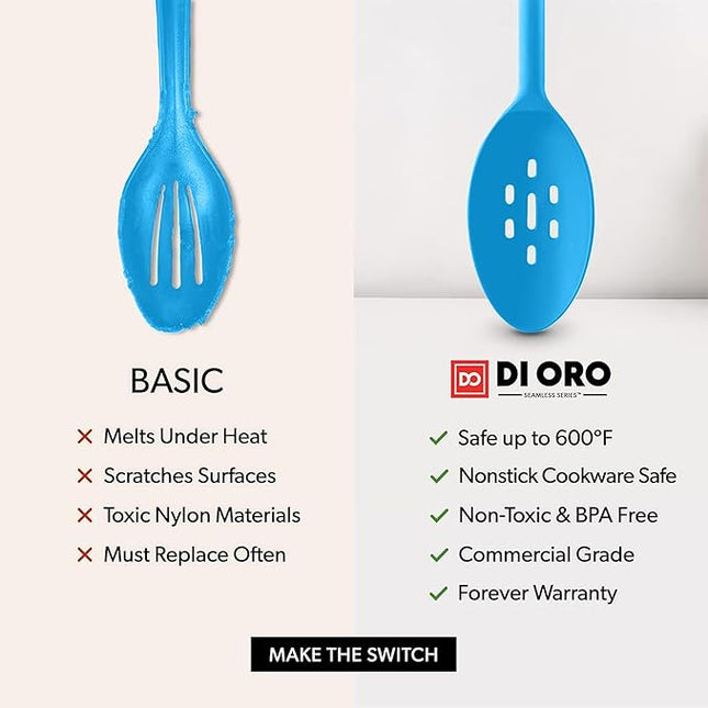 DI ORO Silicone Ladle & Spoons for Cooking – Large Kitchen Spoons for Mixing, Serving, & Stirring - Soup Ladle with Wide Bowl - High Heat Silicone Kitchen Utensils for Nonstick Cookware Safe (Blue)
