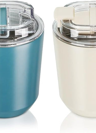 Puraville 2 Pack Insulated Tumblers with Lid, 10 oz Travel Coffee Mug Stainless Steel Vacuum Cup, Leak Proof Double Walled Coffee Tumbler for Iced and Hot Drinks, Peacock Blue and Cream