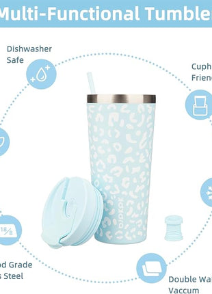 BJPKPK 22oz Tumbler With lid And Straw Stainless Steel Travel Coffee Mug Insulated Tumblers Cups,Light Blue Leopard