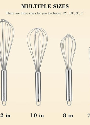 NileHome Stainless Steel Whisk Set 8" 10" 12" Kitchen Whisk Kitchen Wisk Wire Whisks for Cooking, Whisking, Blending, Beating, Stirring-4 Pack