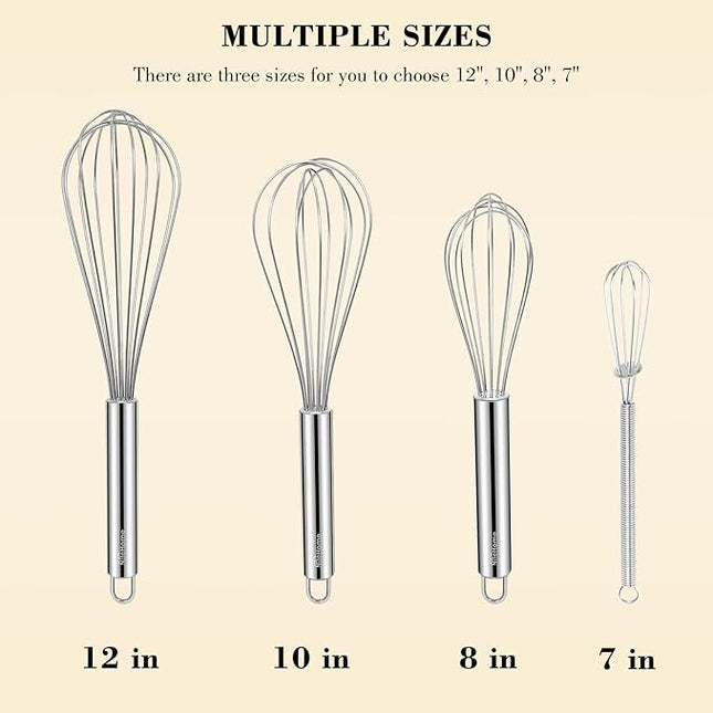 NileHome Stainless Steel Whisk Set 8" 10" 12" Kitchen Whisk Kitchen Wisk Wire Whisks for Cooking, Whisking, Blending, Beating, Stirring-4 Pack