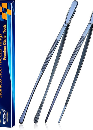 JETKONG 2 Pcs 12-Inch Cooking Tweezer Tongs Stainless Steel Kitchen Tweezers Plating Tongs (Navy Blue)