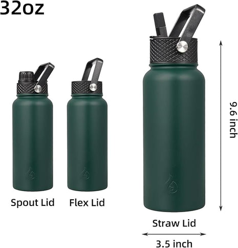 BJPKPK Insulated Water Bottles with Straw Lid, 32oz Metal Large Water Bottle with 3 Lids, Reusable Leak Proof BPA Free Thermo, Stainless Steel Tumblers for Sports, Gym, Travel-Army Green