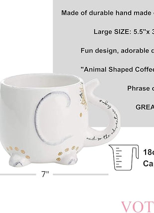 VOTUM Elephant Ceramic Coffee or Tea Mug - Animal Shaped Cup with Hand Printed Designs Saying “And So the Adventure Begins” - Cute Handmade Gift for Men or Women Elephant Lovers – 18.6 Fluid Ounce