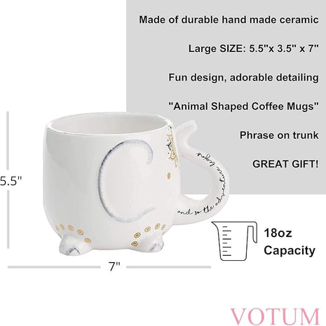 VOTUM Elephant Ceramic Coffee or Tea Mug - Animal Shaped Cup with Hand Printed Designs Saying “And So the Adventure Begins” - Cute Handmade Gift for Men or Women Elephant Lovers – 18.6 Fluid Ounce