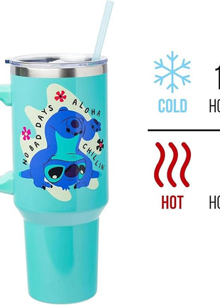 Silver Buffalo Disney Lilo and Stitch Aloha No Bad Days Chillin’ Stainless Steel Tumbler with Handle and Straw, Fits in Standard Cup Holder, 40 Ounces