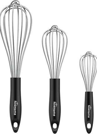 NileHome Silicone Whisk Set 8" 10" 12", 3 Pack Kitchen Whisk Kitchen Wisk Wire Whisks for Cooking, Whisking, Blending, Beating, Stirring-Black Silver