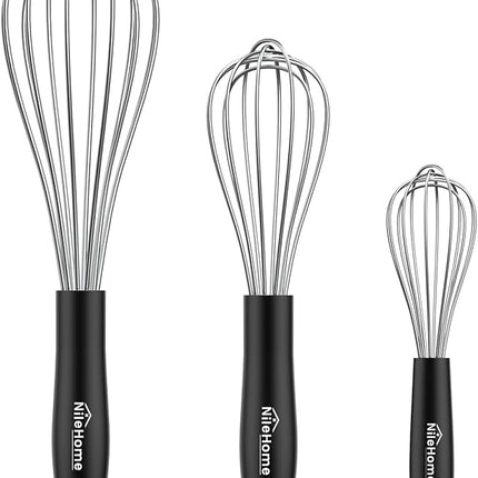 NileHome Silicone Whisk Set 8" 10" 12", 3 Pack Kitchen Whisk Kitchen Wisk Wire Whisks for Cooking, Whisking, Blending, Beating, Stirring-Black Silver
