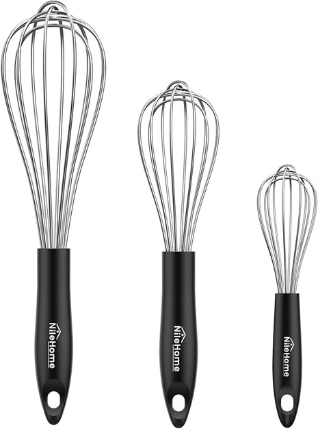 NileHome Silicone Whisk Set 8" 10" 12", 3 Pack Kitchen Whisk Kitchen Wisk Wire Whisks for Cooking, Whisking, Blending, Beating, Stirring-Black Silver