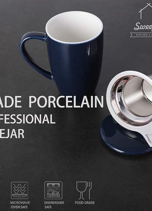 Sweejar Porcelain Tea Infuser Cup with Lid, 16 oz Tea Cup with Strainers for Loose Leaf Tea, Microwave and Dishwasher Safe Coffee Mug, Tea Steeping Mug for Tea Drinkers,Christmas Gift (Navy)