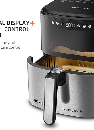 Mondial - Air Fryer Digital Visor Inox 5.3QT Capacity - High Power & Elegant Stainless Steel Finish - Black & Inox