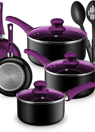 Chef’s Star Aluminum Pots and Pans Set for Kitchen - Nonstick Stackable Induction Cookware, 11 Pcs, Purple