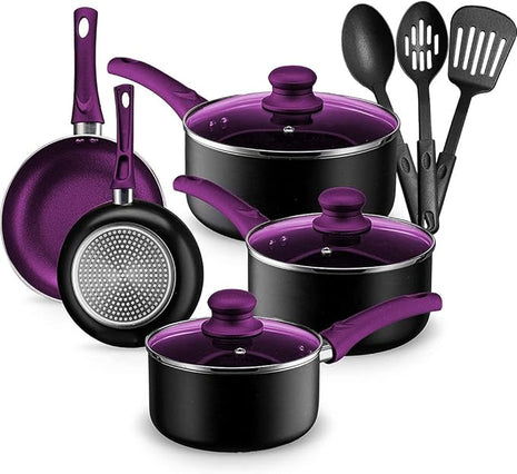 Chef’s Star Aluminum Pots and Pans Set for Kitchen - Nonstick Stackable Induction Cookware, 11 Pcs, Purple