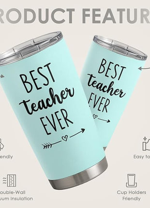 SANDJEST Teacher Tumbler - Best Teacher Ever Travel Coffee Mug Appreciation Gift for Teachers - 20oz Stainless Steel Tumblers Awesome Gifts for Birthday, Christmas, Graduation Day, Back To School