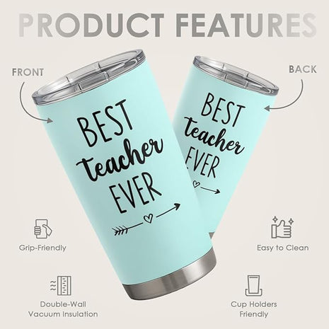 SANDJEST Teacher Tumbler - Best Teacher Ever Travel Coffee Mug Appreciation Gift for Teachers - 20oz Stainless Steel Tumblers Awesome Gifts for Birthday, Christmas, Graduation Day, Back To School