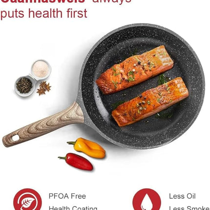 Caannasweis Nonstick Granite Frying Pan Skillet, Non Stick Omelette Fry Pans, Omelet Egg Pan, Stone Cookware Chef's Pan, Induction Compatible, PFOA Free (Gray, 9.5 Inch with Lid)