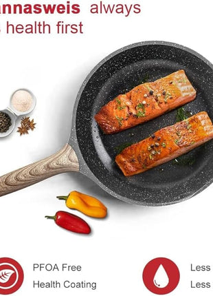 Caannasweis Nonstick Granite Frying Pan Skillet, Non Stick Omelette Fry Pans, Omelet Egg Pan, Stone Cookware Chef's Pan, Induction Compatible, PFOA Free (Gray, 8 Inch with Lid)