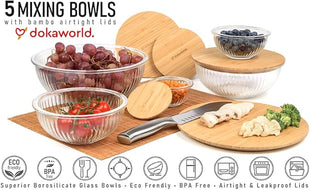 Stackable Space-Saving Set of 5 Nesting Glass Bowls with Bamboo Lids for Foodprep, Storage, Baking, Mixing & Cooking, Microwave & Oven Safe BPA Free Heat Resistant Inert Borosilicate Glass