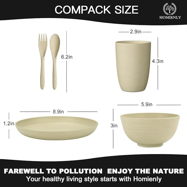 Homienly Wheat Straw Dinnerware Sets, 20pcs Lightweight Unbreakable Dinnerware, Microwave Dishwasher Safe Bowls Cups Forks Spoons set,Perfect for Camping Outdoor, Beige