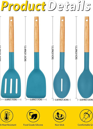 Pack of 4 Silicone Cooking Utensils Set, Non Stick Solid Spatulas and Heat Resistant Slotted Spoons with Wooden Handle, Ideal Wood Kitchen Utensils Set for Frying,Serving,Turning,Stirring (BLUE)